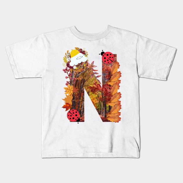 Letter N autumn fall leaves cloudy days theme September and October Brown colors gift idea Kids T-Shirt by CONCEPTDVS